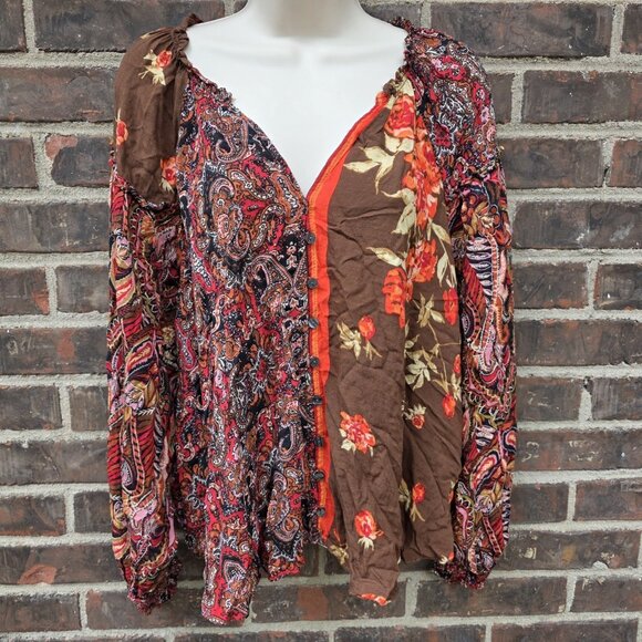 Free People Size Small Brown Red Fall Paisley Floral Peasant Blouse - Picture 1 of 7